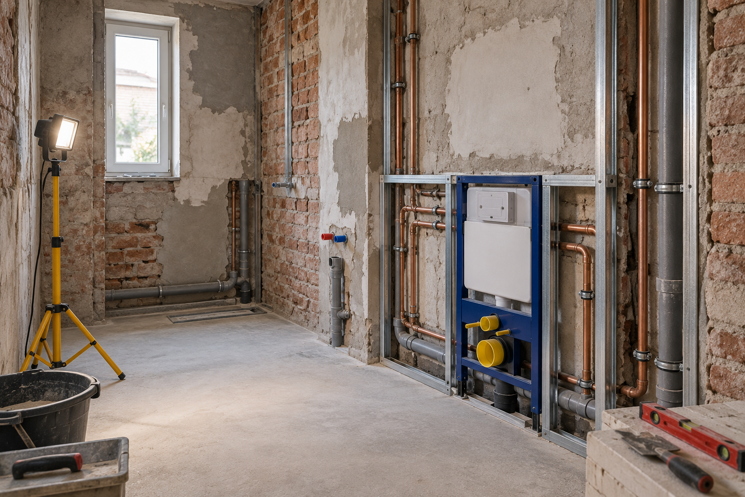 Badsanierung im Rohbau: freigelegte Wände mit neuen Leitungen und Vorwandelement für das WC