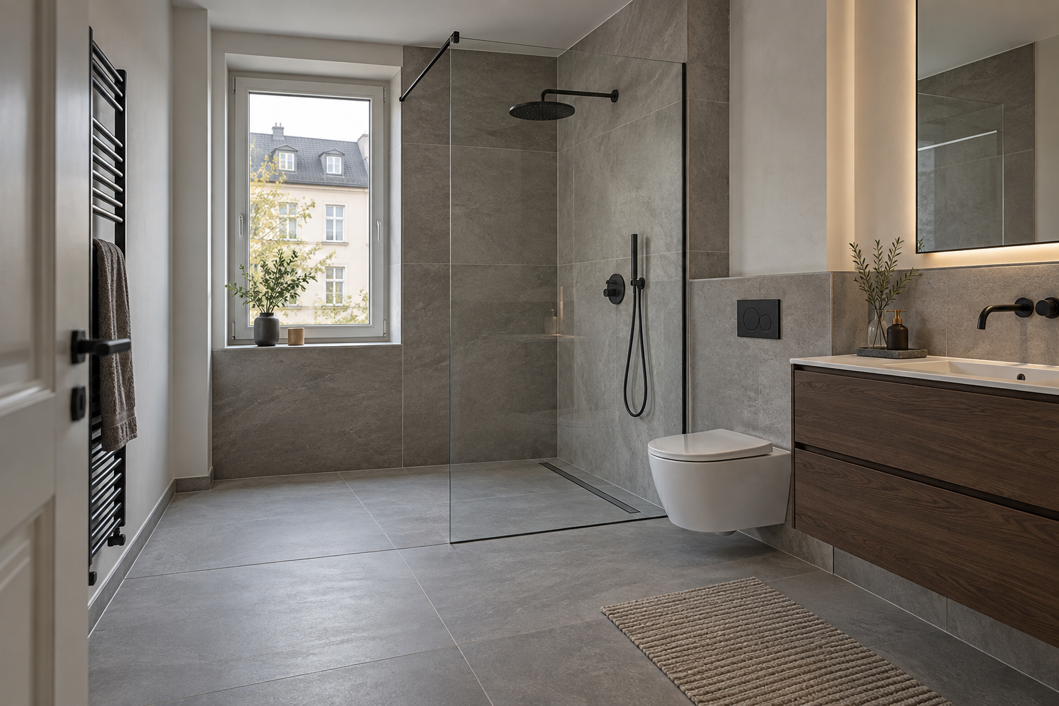 Saniertes Bad mit bodengleicher Dusche, Glasabtrennung, Wand-WC und Waschtisch in Holzoptik
