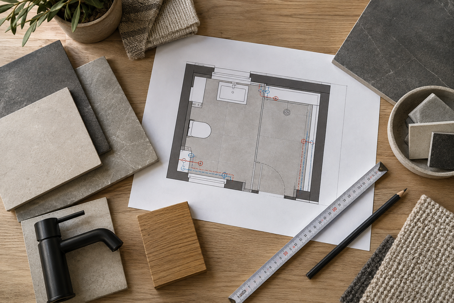 Planung einer Badsanierung: Grundriss mit Fliesenmustern, Armatur und Holzmuster