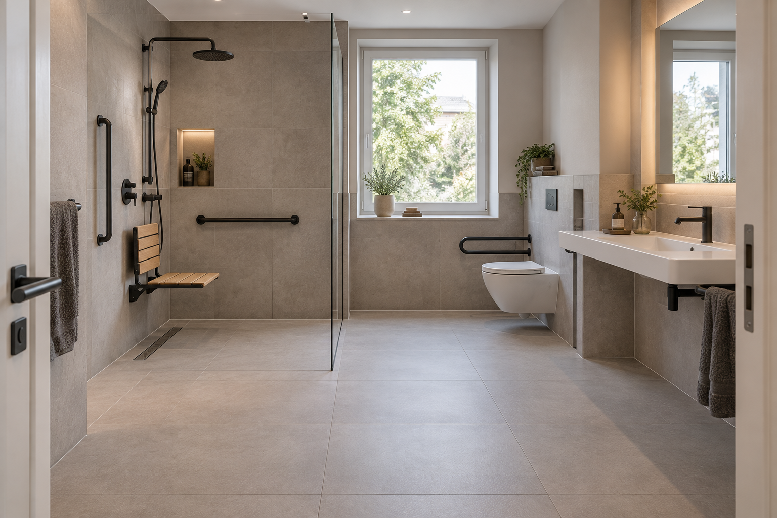 Barrierefreies Bad mit bodengleicher Dusche, Duschklappsitz, Haltegriffen und unterfahrbarem Waschtisch