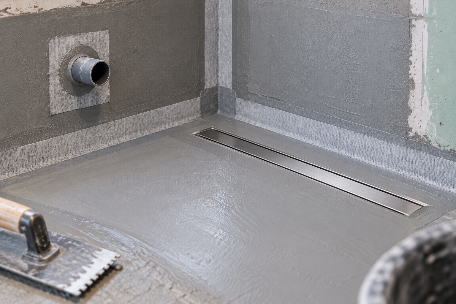 Verbundabdichtung im Duschbereich mit Duschrinne, Rohrmanschette und Dichtband in der Wandecke