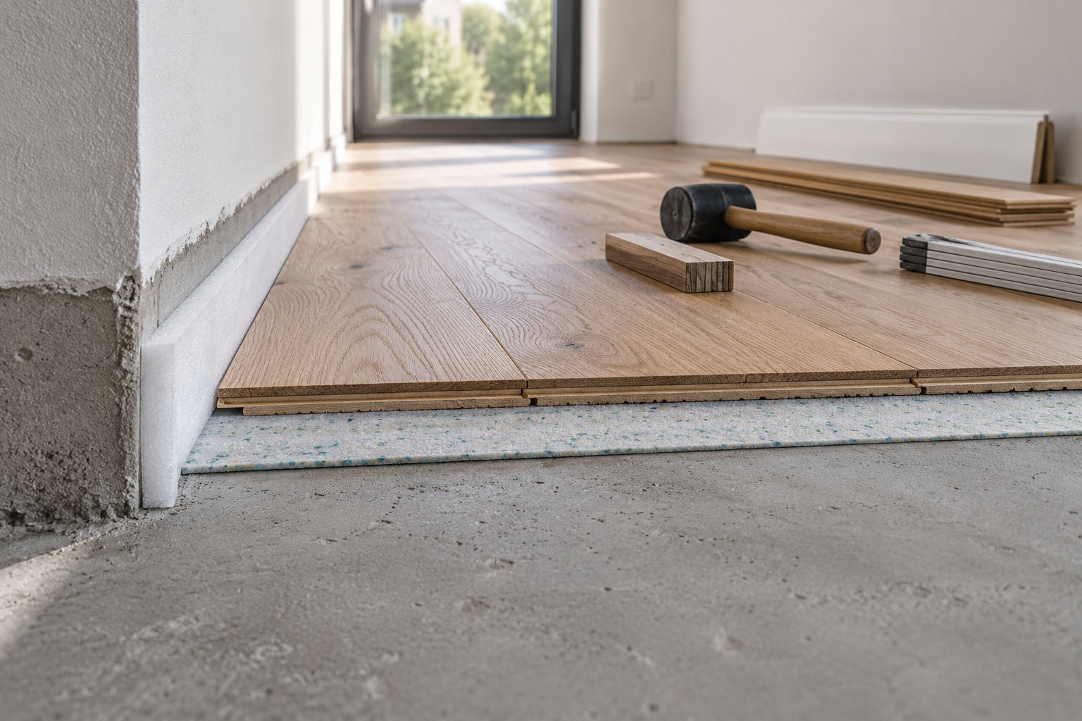 Bodenaufbau mit Estrich, Randdämmstreifen, Trittschalldämmung und frisch verlegtem Parkett