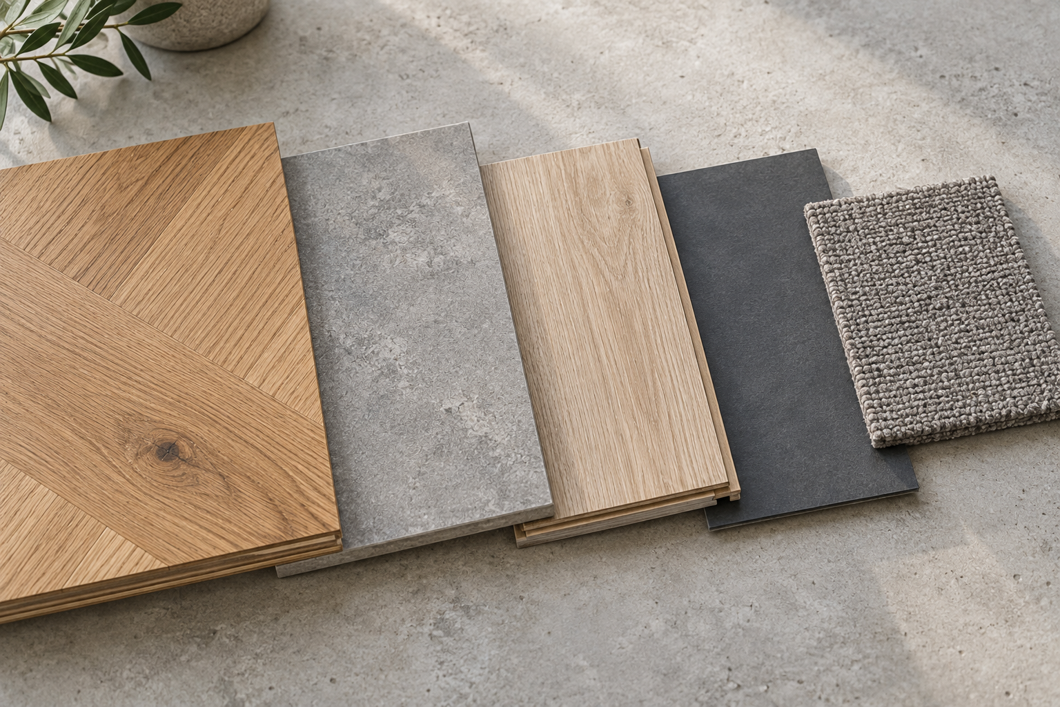Musterauswahl für die Bodenverlegung: Parkett, Vinyl, Laminat, Linoleum und Teppich