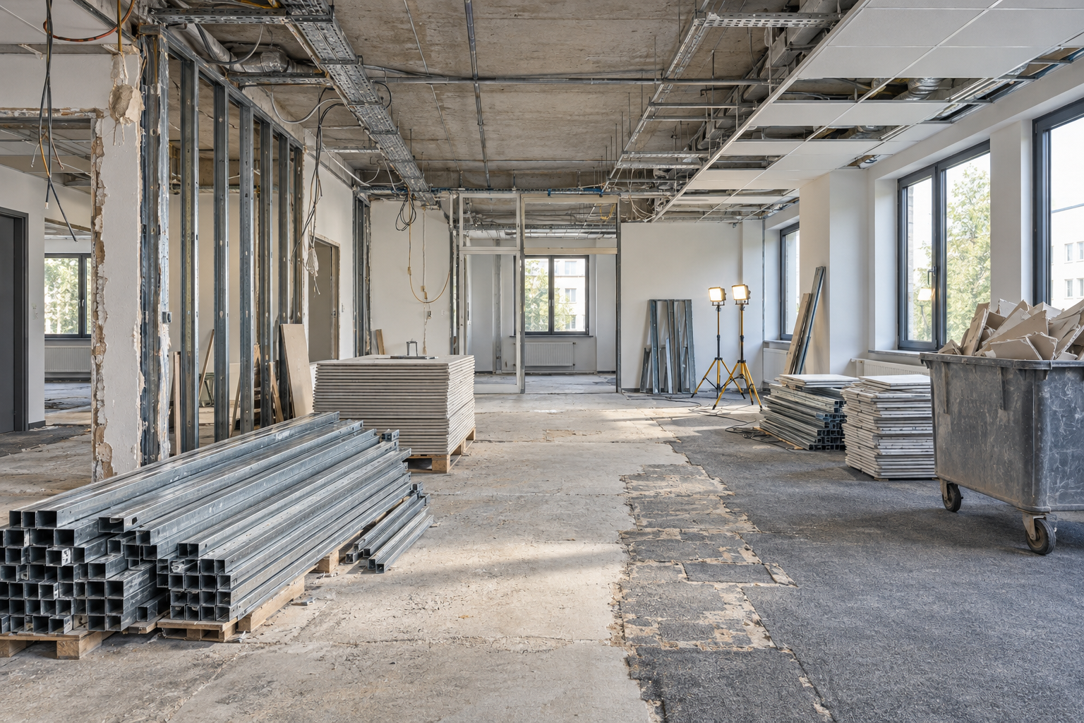 Entkernung eines Bürogeschosses mit sortierten Metallprofilen, Deckenplatten und Container