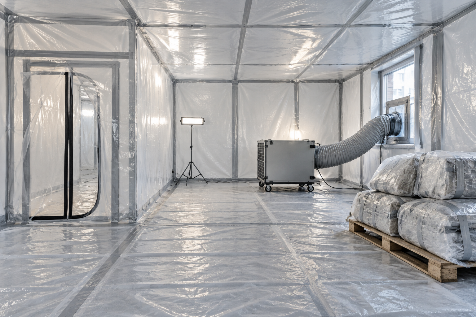 Abgeschotteter Schwarzbereich für die Asbestsanierung mit Folienabdeckung und Unterdruckgerät