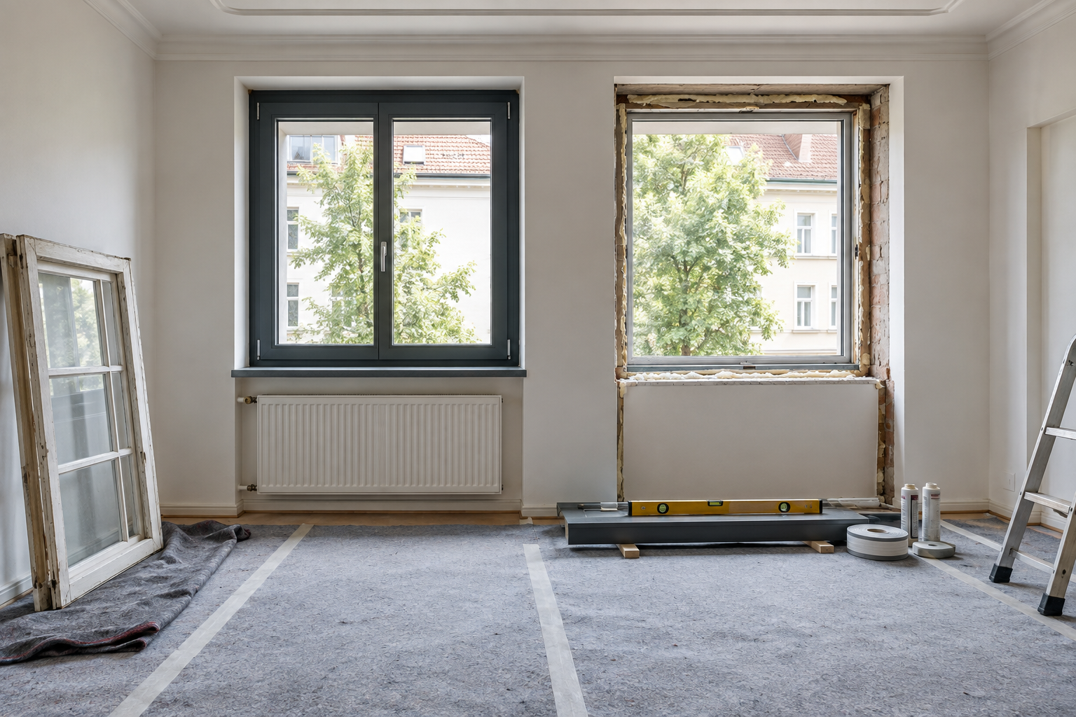 Fenstertausch im Altbau: neues Fenster eingebaut, zweite Fensteröffnung für die Montage vorbereitet