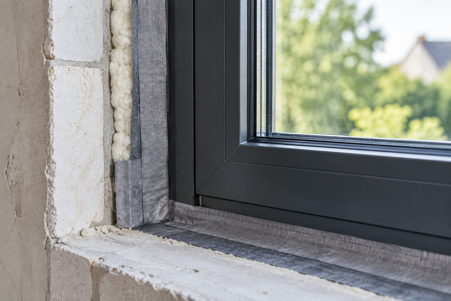 Fenstermontage nach RAL: anthrazitfarbenes Fenster mit Dichtband und gedämmter Anschlussfuge