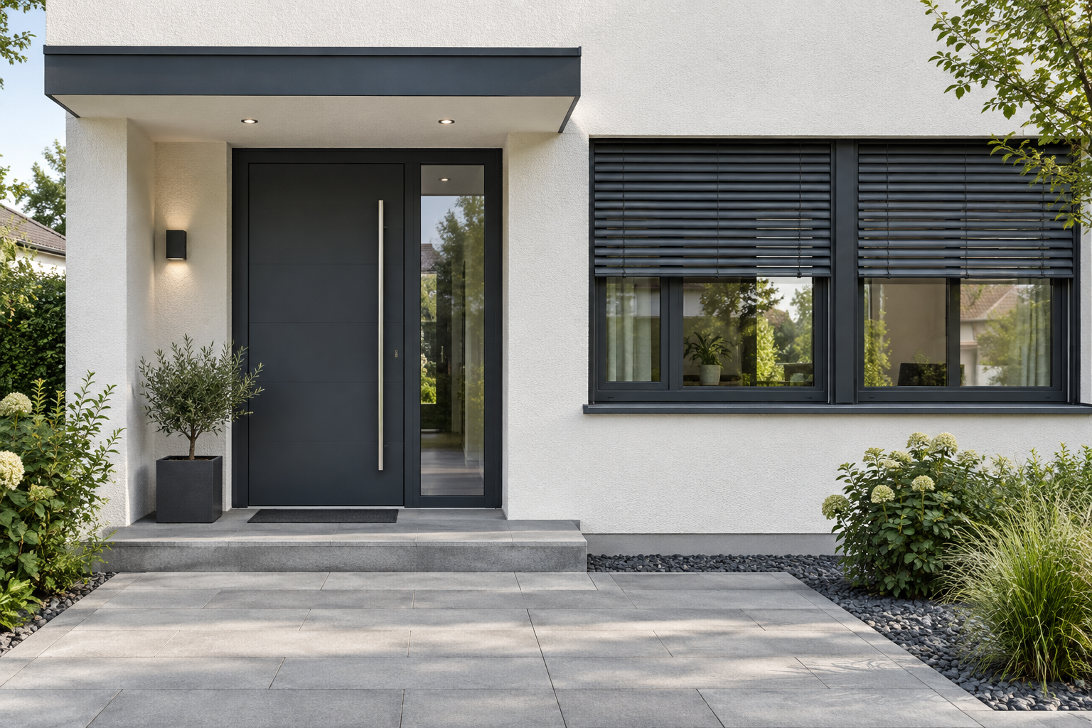 Hauseingang mit anthrazitfarbener Haustür, Fenstern und Raffstoren an einem Einfamilienhaus