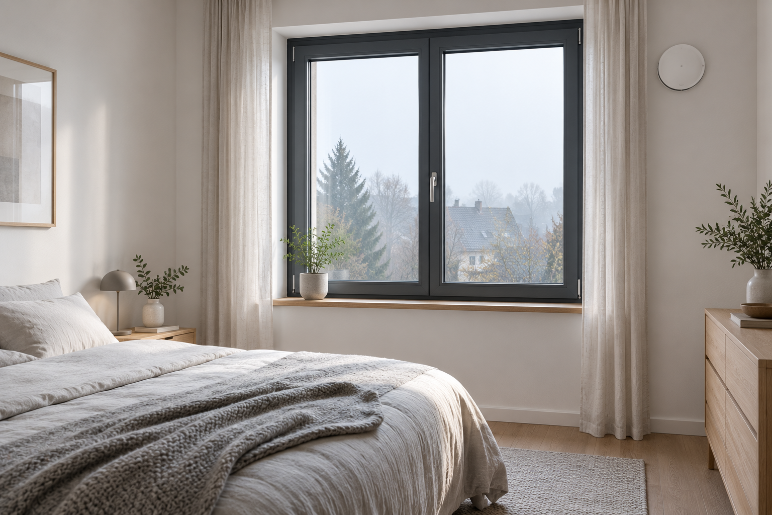 Schlafzimmer mit neuem Fenster und dezentralem Lüftungsgerät für ein gesundes Raumklima