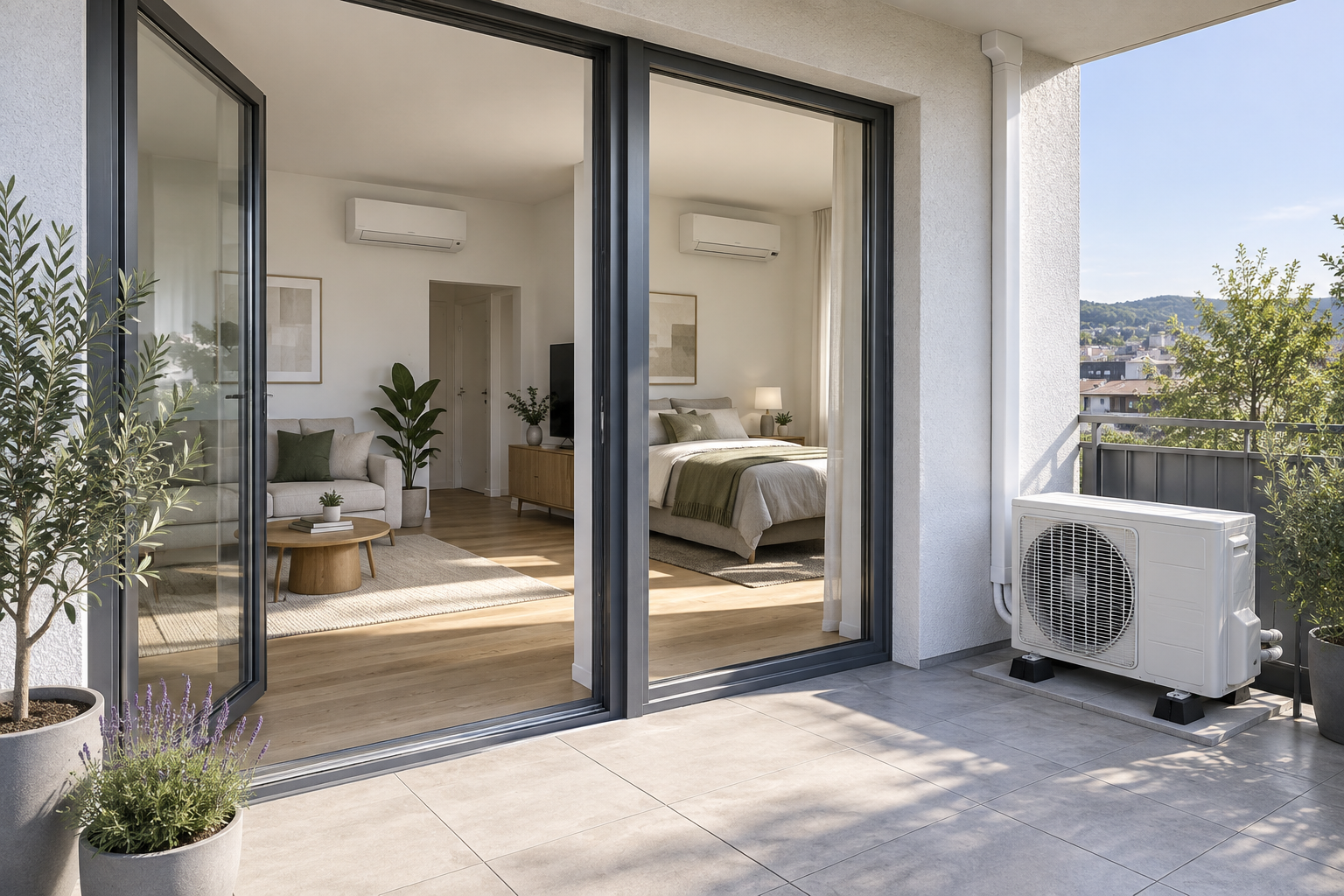 Multisplit-Klimaanlage: zwei Innengeräte in der Wohnung und ein Außengerät auf dem Balkon