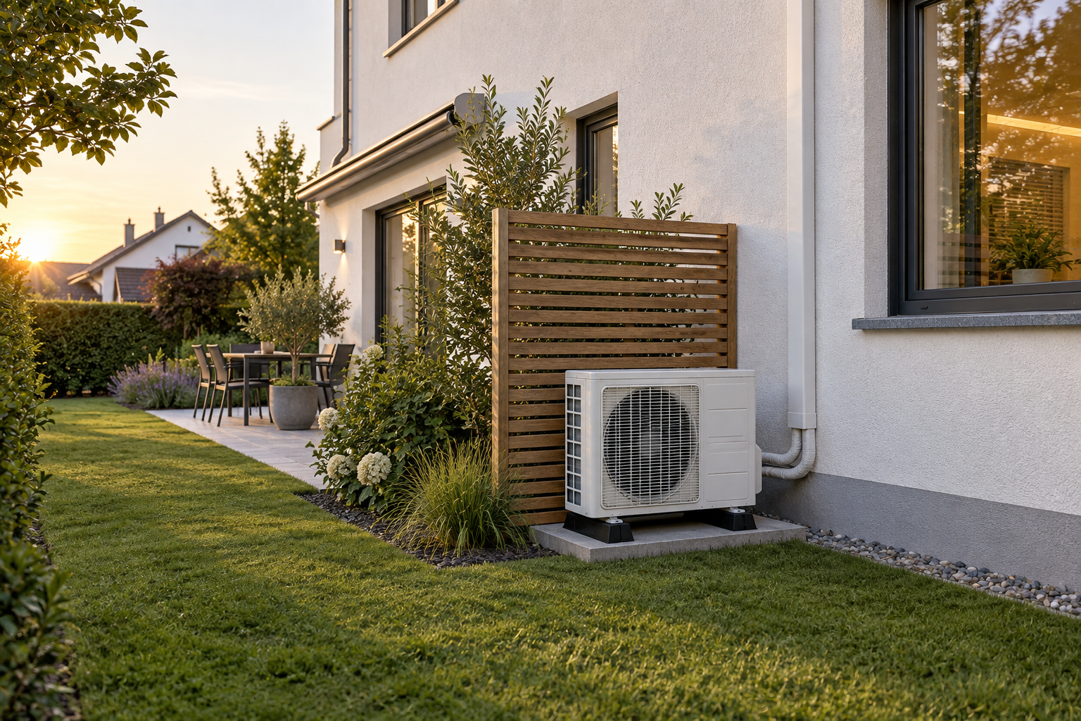 Außengerät einer Klimaanlage auf einem Sockel an der Hauswand, hinter einem Holz-Sichtschutz im Garten