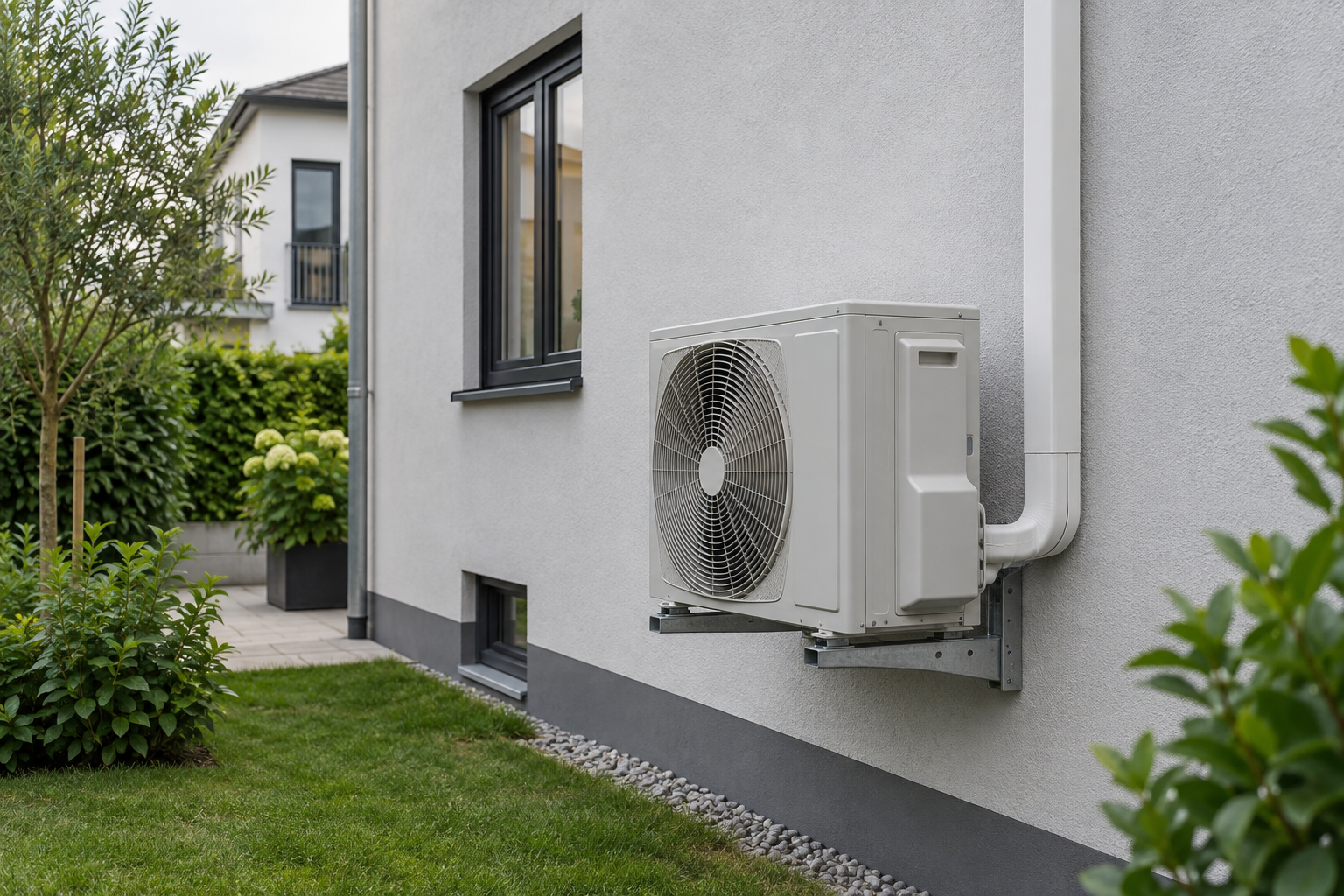 Außengerät einer Split-Klimaanlage an der Hauswand eines Einfamilienhauses mit Garten