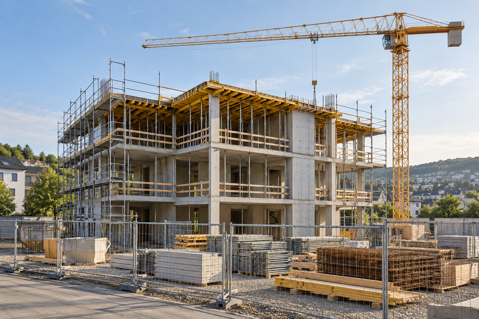 Rohbau eines Mehrfamilienhauses mit Gerüst, Baukran und Baustoffen auf der Baustelle