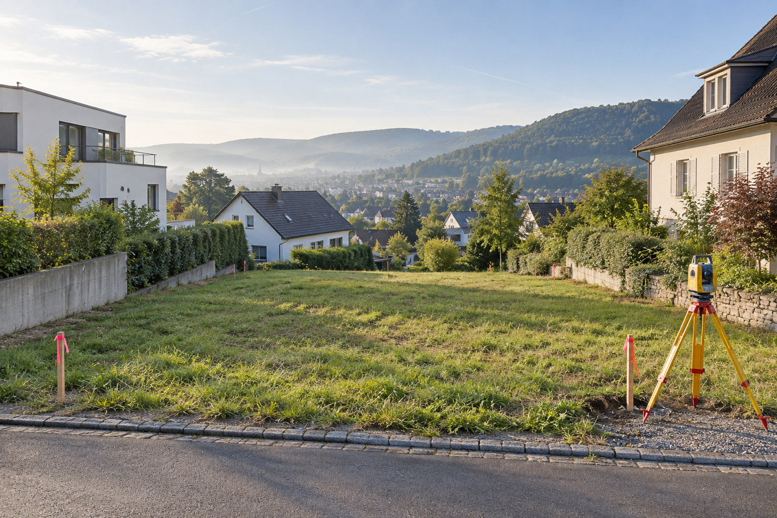 Unbebautes Baugrundstück mit Absteckung und Vermessungsgerät in einem Wohngebiet