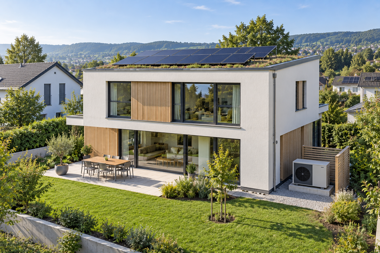 Energieeffizientes Einfamilienhaus mit Photovoltaik auf dem Gründach und Wärmepumpe