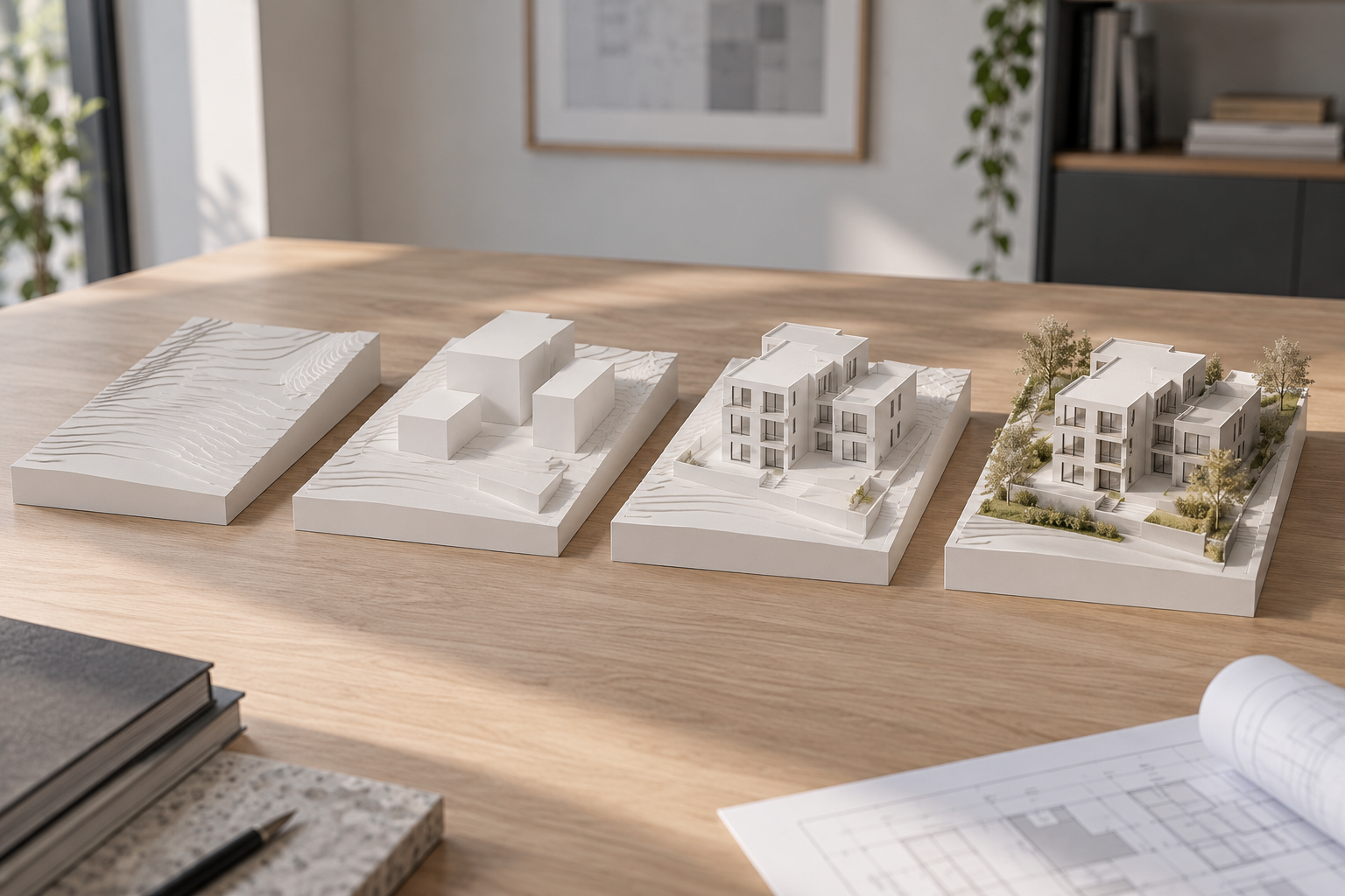 Vier Architekturmodelle zeigen die Planungsphasen vom Grundstück bis zum fertigen Wohngebäude