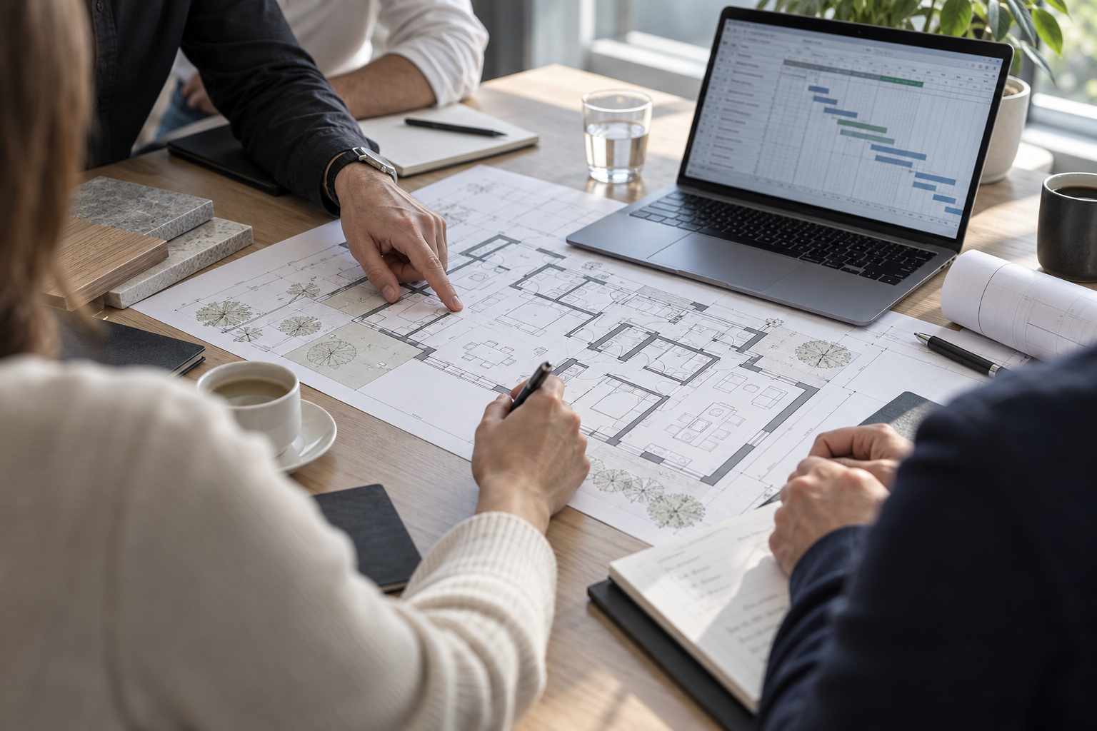 Projektbesprechung zur Bauplanung mit Grundriss, Notizen und Terminplan auf dem Laptop