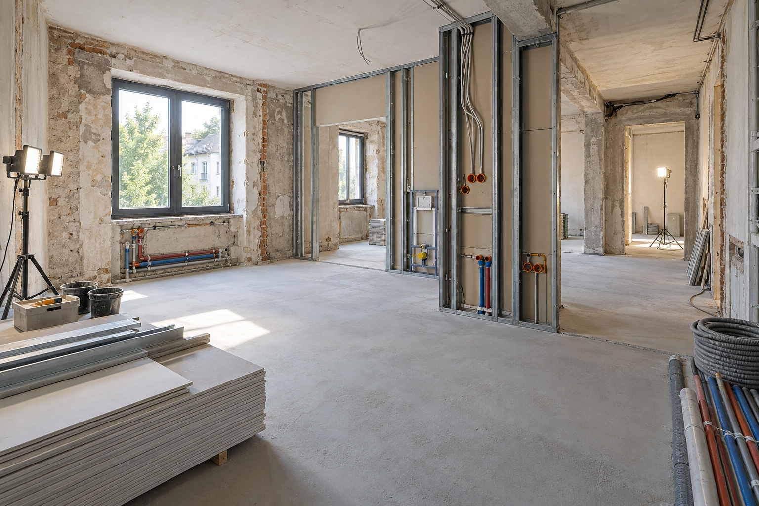 Kernsanierung einer Altbauwohnung mit neuen Trockenbauwänden, Leitungen und Estrich