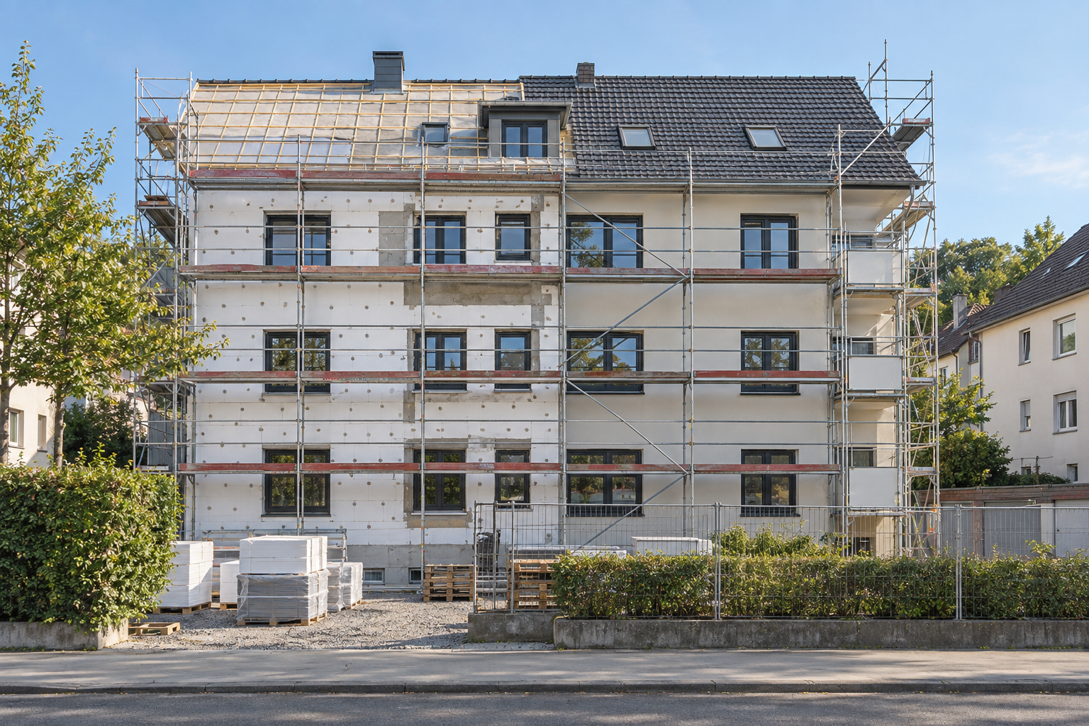 Energetische Sanierung eines Mehrfamilienhauses mit Gerüst, Fassadendämmung und neuen Fenstern
