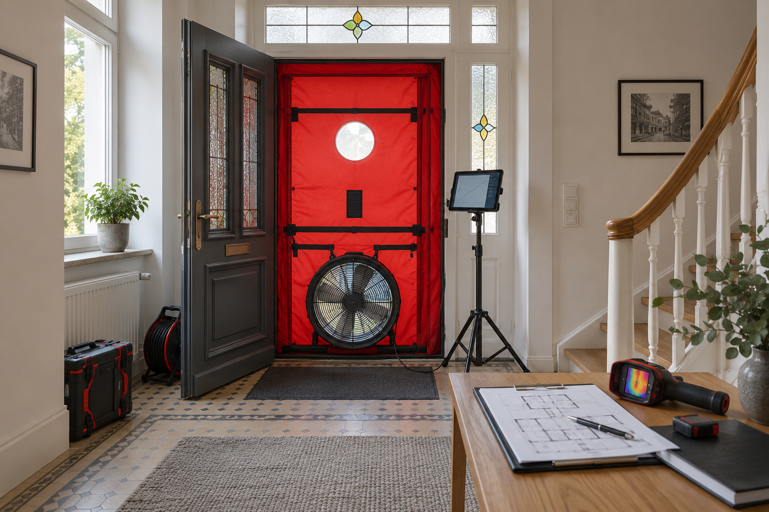 Blower-Door-Test zur Messung der Luftdichtheit an der Haustür eines Altbaus